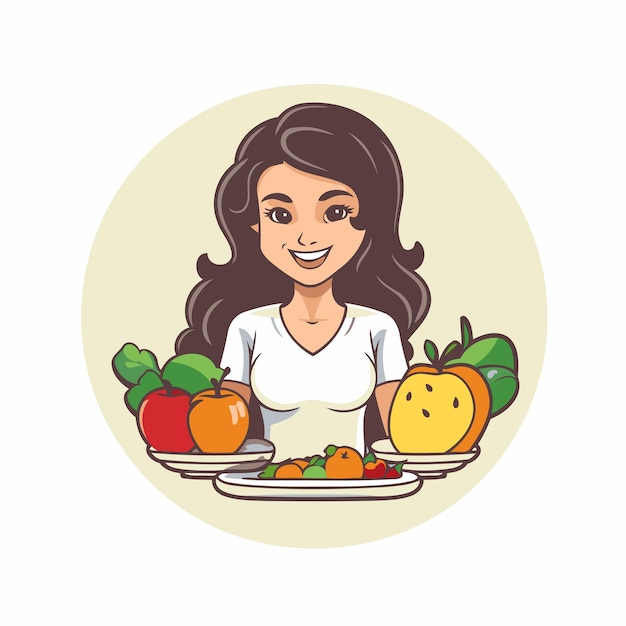 Vector smiling woman with plate of fruits and vegetables vector illustration