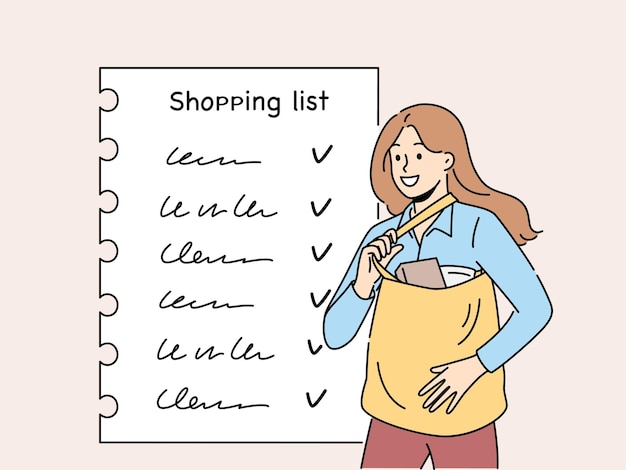 Vector smiling woman with shopping list do groceries
