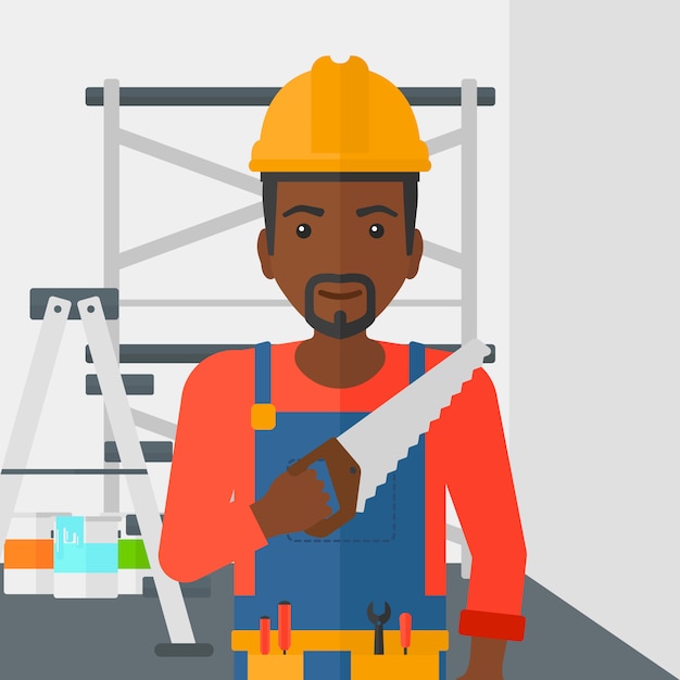 Vector smiling worker with saw.