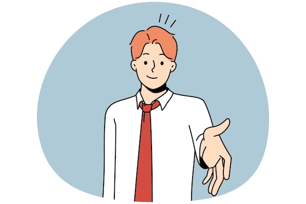 Smiling young businessman stretch hand for handshake with business client or partner Male employee handshake customer Greeting or acquaintance Vector illustration