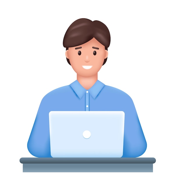 Vector smiling young businessman student or freelancer with laptop 3d male character