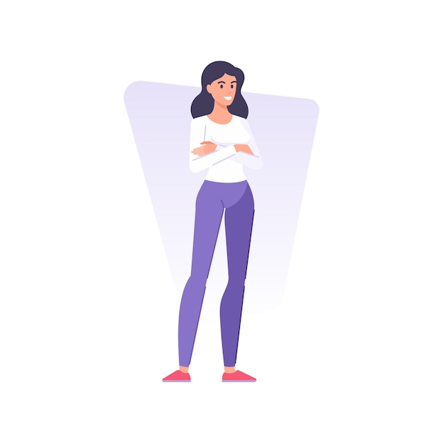 Smiling young casual brunette woman standing with crossed hands vector flat illustration