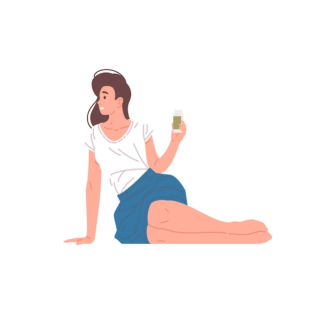 Smiling young elegance woman relaxing sitting with bottle of fresh liquid dairy beverage vector flat