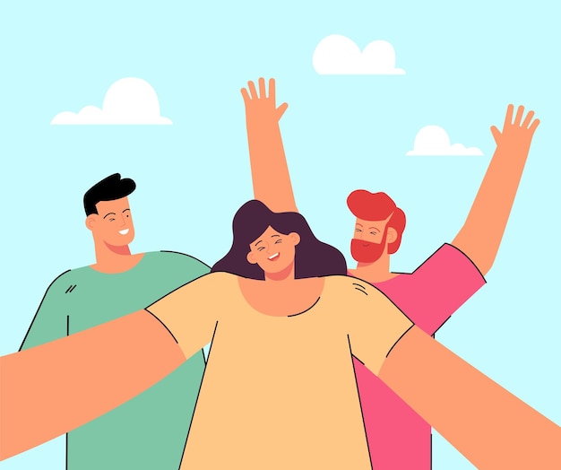 smiling young friends taking selfie portrait on phone isolated flat illustration