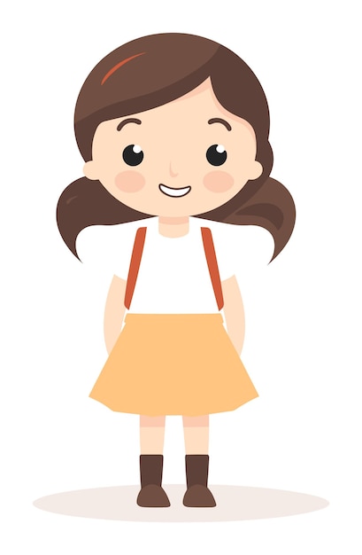 smiling young girl standing hands hips wearing white shirt yellow skirt brown boots cartoon kid