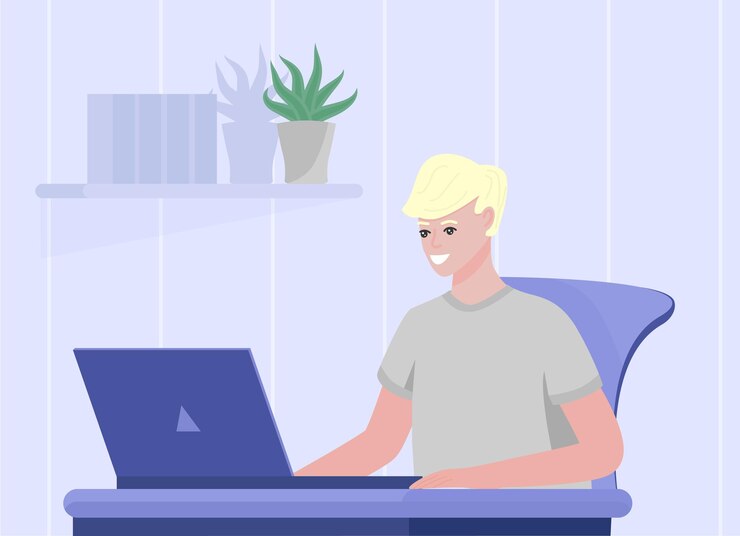 Vector smiling young male sitting at the desk and looking to laptop online education concept
