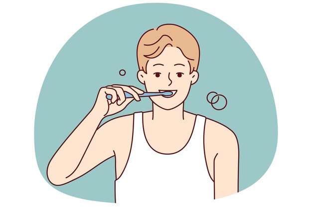 Vector smiling young man brushing teeth with toothbrush in morning happy guy do oral care daily