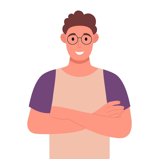 Vector smiling young man in glasses keeping arms crossed cartoon character vector illustration