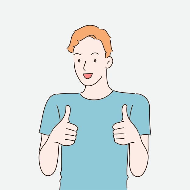 Улыбающийся молодой человек показывает палец вверх. иллюстрация в стиле рисованной