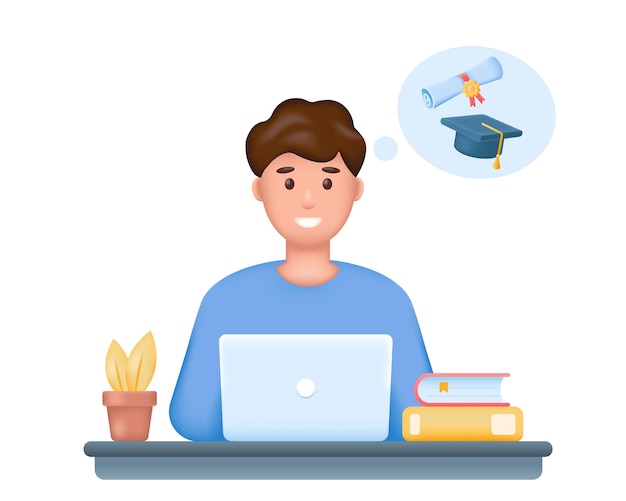 Smiling young man student or freelancer with laptop and books 3d character thinking about education