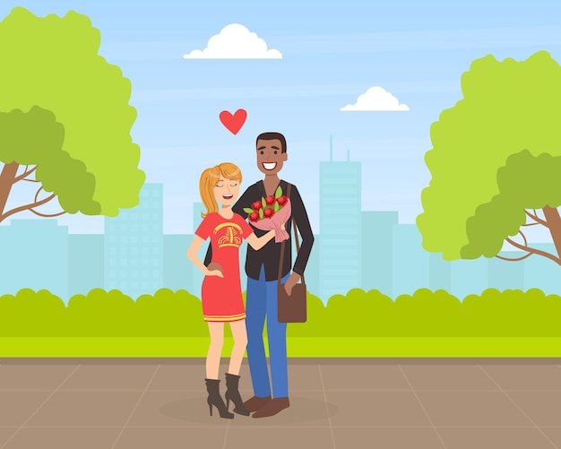 Smiling Young Man and Woman Hugging While Walking in Park Happy Loving Couple on Romantic Date Vector Illustration