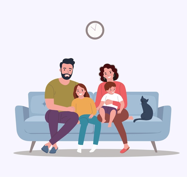 Vector smiling young parents and their children on sofa in the living room vector flat illustration