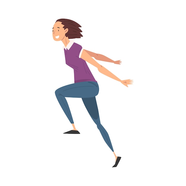 Smiling young woman in casual clothes running to finish line vector illustration