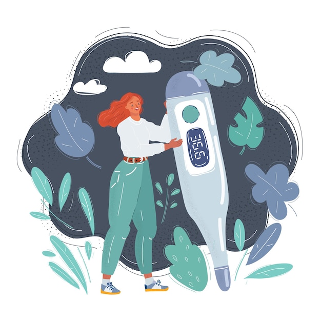 Улыбающаяся молодая женщина, стоящая на полном теле с термометром, иллюстрирующая индивидуальную заботу о здоровье и благополучии наряду с осмотром и диагностической концепцией вектора