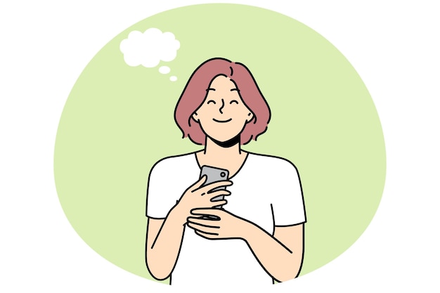 Smiling young woman holding cellphone excited with good message or text Happy girl with speech bubble above head satisfied with news on smartphone Vector illustration