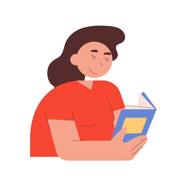 Vector smiling young woman is reading a book. portrait of a modern student reading books and studying