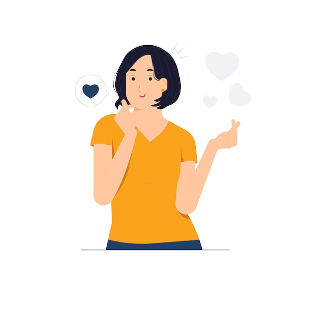 Vector smiling young woman showing two hands mini heart sign gesture spreading love happiness positive expression concept illustration