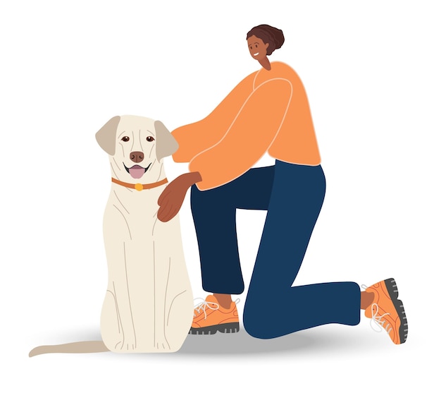 Smiling young woman squats, hugs her dog. girl wearing comfortable casual clothes. caring for pets