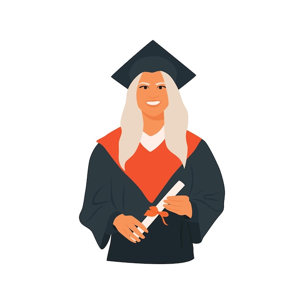 Vector smiling young woman student in graduation costume showing his diploma graduation ceremony party
