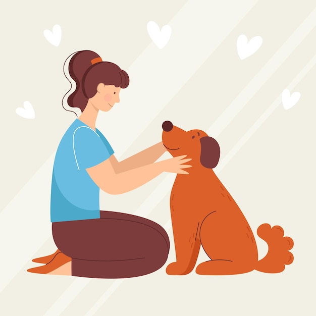 Vettore sorridente giovane donna con cane, animale domestico. amore e amicizia con gli animali. clinica veterinaria. illustrazione vettoriale in stile cartone animato