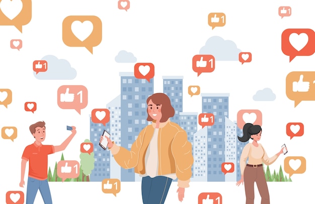 Sorridente giovani donne e ragazzo utilizzando i social media illustrazione piatta. persone con smartphone che camminano in città circondate da segni di simpatie e cuori.