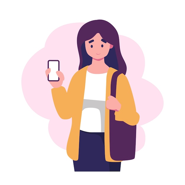 Smilling women holding smartphone flat illustration vector