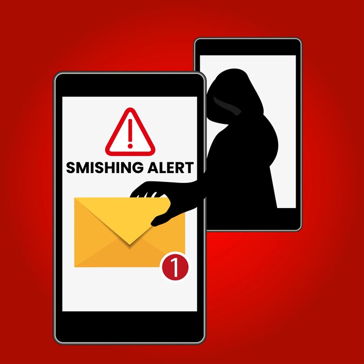 Vector smishing concept hacker inserting in a cell phone a sms for fraudulent use alert for trap messages
