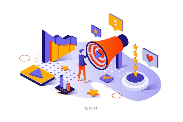 3d 아이소메트릭 디자인의 Smm 개념 온라인 광고 비즈니스 홍보 및 매력