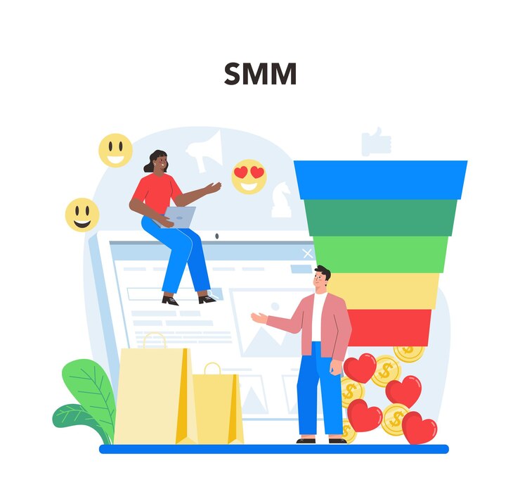 वेक्टर smm concept social media marketing advertising of business in the internet through social network content management isolated flat illustration