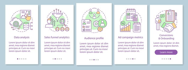 smm courses onboarding mobile app page screen vector template. web analytics. marketing walkthrough website steps with linear illustrations. ad targeting options. ux, ui, gui smartphone interface
