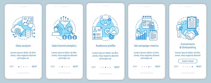 Vector 移动应用程序页面屏幕向量模板网页分析营销指南线性插图的网站步骤广告定位选项用户体验 uigui智能手机界面