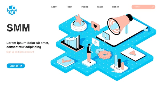 ベクトル ランディングページの3dデザインのsmmアイソメトリックコンセプト