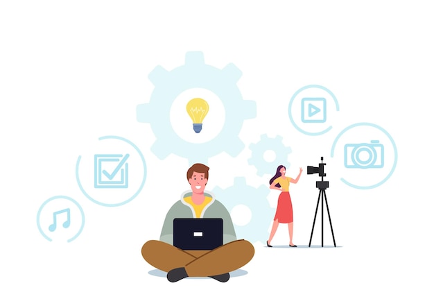 Smm Manager или персонаж Blogger Создайте рекламный пост для Интернета. Блог, написание статей, концепция создания контента. Цифровой маркетолог, копирайтер, писатель, фрилансер. Мультфильм люди векторные иллюстрации