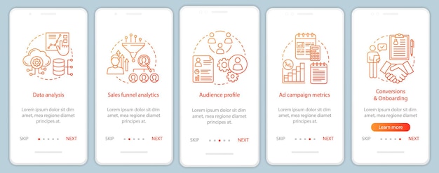 SMM 메트릭 코스 온보딩 모바일 앱 페이지 화면 벡터 템플릿. 소셜 미디어 마케팅 및 프로모션. 판매 전환 측정항목. 연습 웹 사이트 단계. UX, UI, GUI 스마트폰 인터페이스