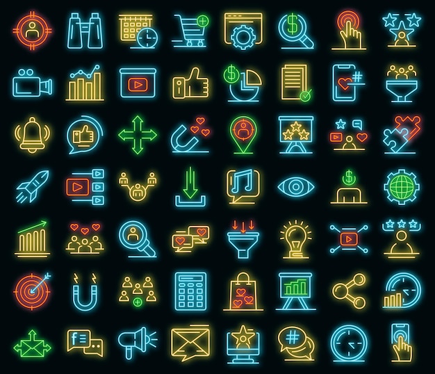 Smm-pictogrammen instellen. overzicht set van smm vector iconen neon kleur op zwart