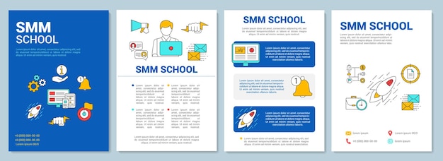 Layout del modello di brochure sfondo blu scuola smm. volantino, opuscolo, stampa di volantini con illustrazioni lineari. layout di pagina vettoriale per riviste, relazioni annuali, manifesti pubblicitari