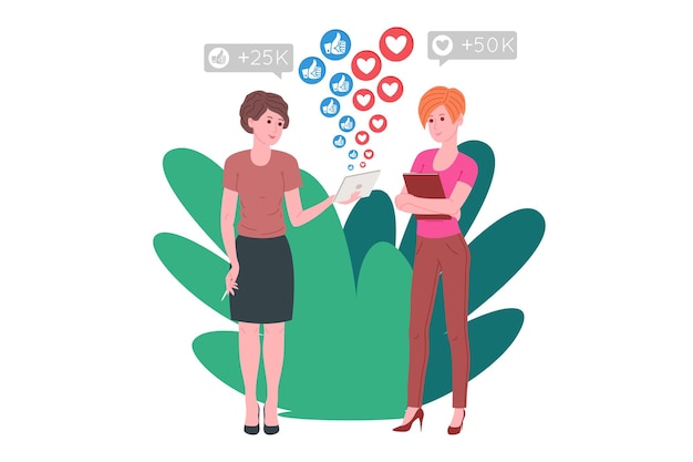 Vector smm, social media marketing, digital promotion on the internet, social network. smm agency banner. women are evaluating a promotion and marketing strategy. cartoon vector illustration for advertising.