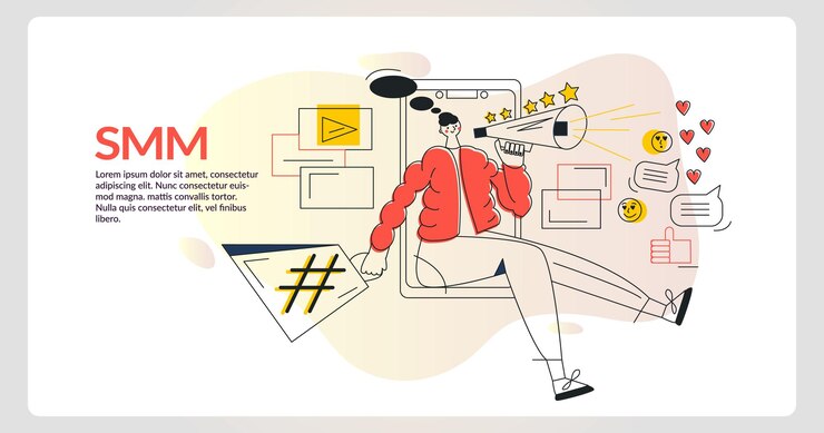 वेक्टर smm social media marketing influencer and internet advertising concept girl in smartphone is holding loudspeaker brand ambassador network promotion linear flat vector illustration