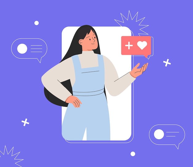 Vector smm, social networking, promotion, concept. young happy woman holding a speech bubble with like. social media influencer at work. flat style vector.