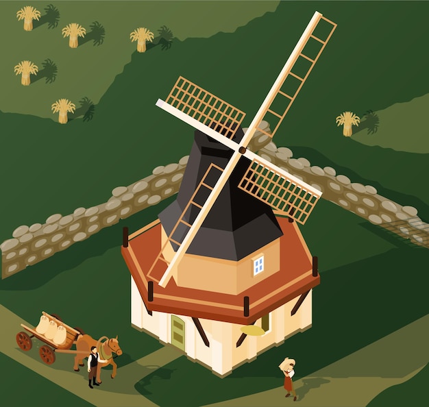 Smock mill in countryside isometric illustration