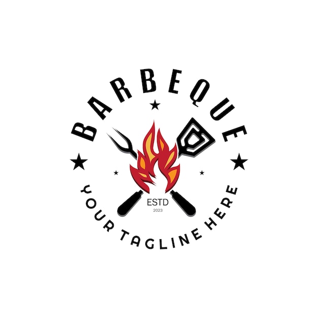 Smoke and BBQ Barbecue Vintage hot grill with crossed flames and spatula Logo for restaurant badge cafe and barvector