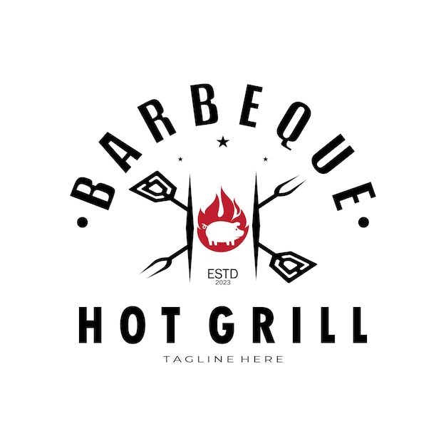 Smoke and BBQ Barbecue Vintage hot grill with crossed flames and spatula Logo for restaurant badge cafe and barvector