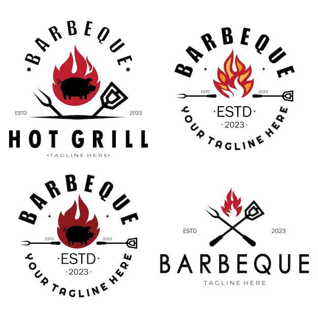 煙とバーベキュー バーベキュー ビンテージ ホット グリルと交差した炎とヘラ レストラン バッジ カフェとバーベクトルのロゴ