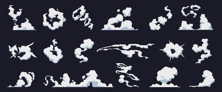 Vector 연기 구름 만화 안개 퍼프 증기 모션 폭탄 폭발 먼지 폭발 cloudscape 템플릿의 컬렉션 하늘에 증발된 물 일기 예보 기호 모형 벡터 증기 흔적 고립 된 세트