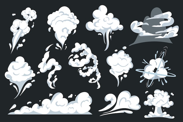 Smoke and cloud explosions in comic style set isolated elements set of vapor steam and fog effects