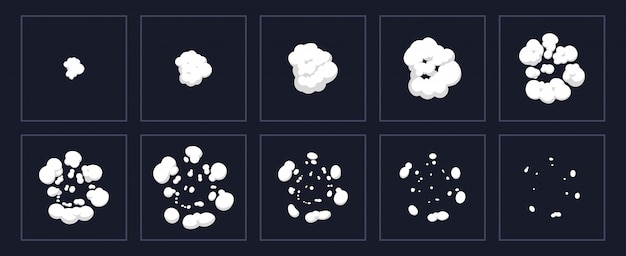 Animazione di esplosione di fumo. cartoon esplosione di tiro animato, esplodere cornici di nuvole insieme dell'esplosione dell'illustrazione dello storyboard di effetto. effetto sbuffo di movimento, boom di movimento del flash