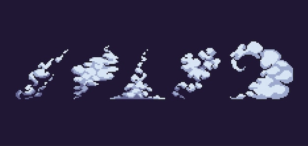 Smoke and fog pixel art set. cloud swirls, waves and curves collection. 8 bit sprite.