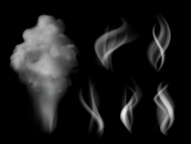 Vector smoke realistic. hot steam vape on kitchen smells  3d collection isolated