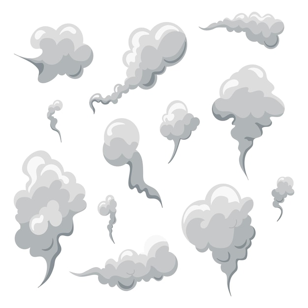 Vettore nuvole di odore di fumo in cartone animato nebbia bianca clipart isolata soffio di vento, vapore, smog, polvere, vettore