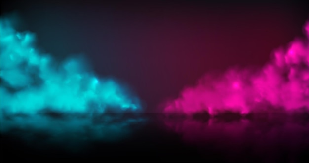 Smoke stage vector background. Abstract blue and red fog with shadow.